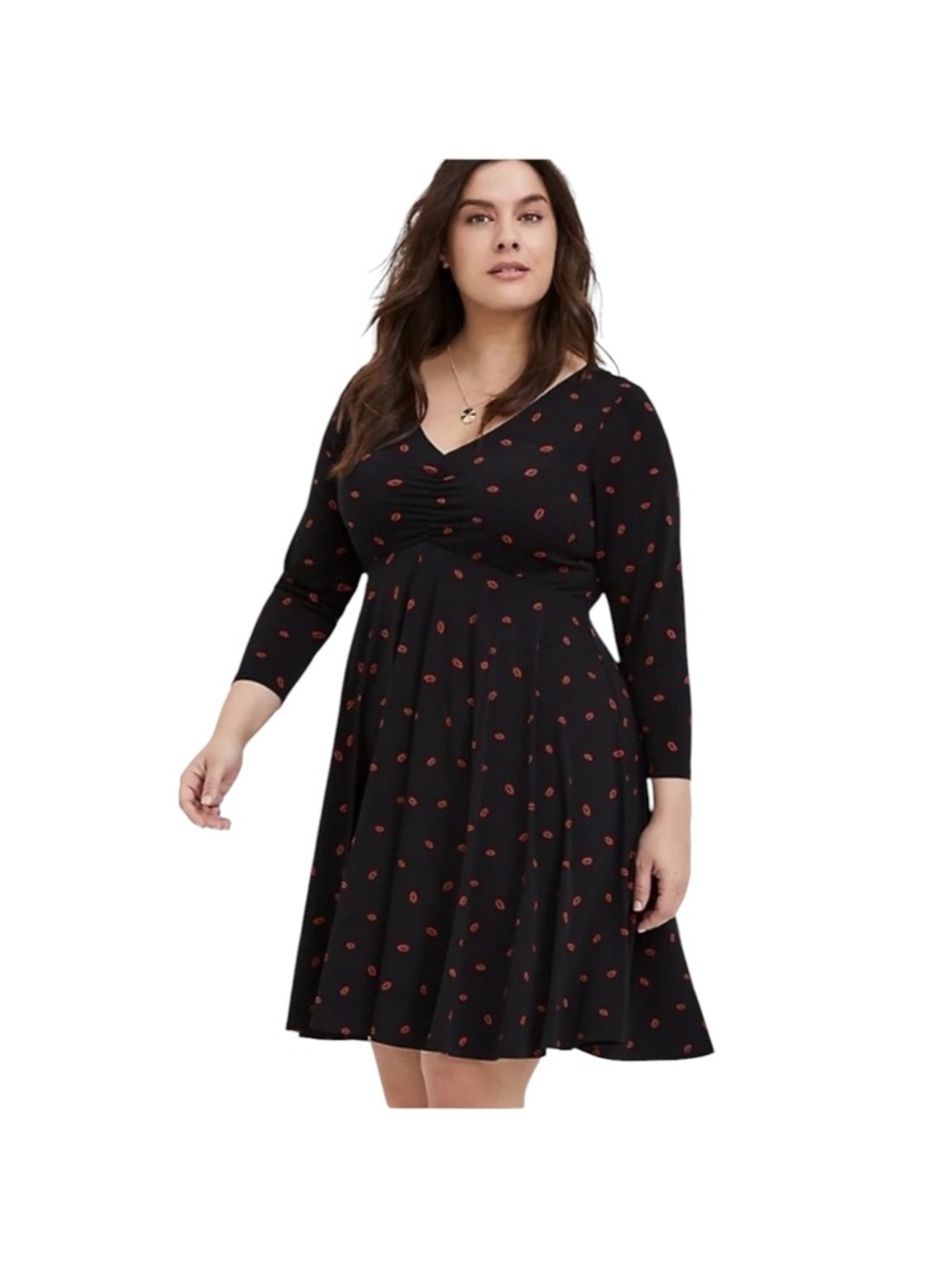 torrid Black Dress with Red Lip Print, Long Sleeve V-Neck